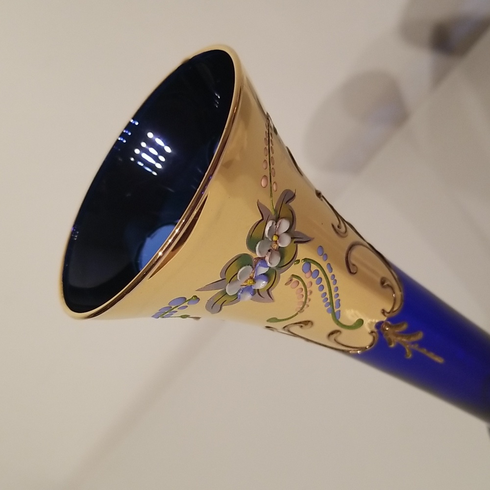 70s Vintage 24 Carat Gilded Venetian Cobalt Blue Blown Glass Bud Vase